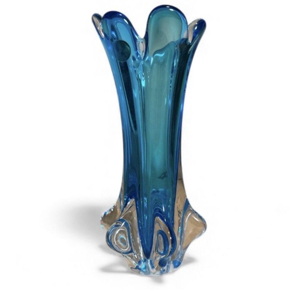 Vintage Murano Style Art Glass Vase Peacock Blue Sommerso Flared Rim Italy Label